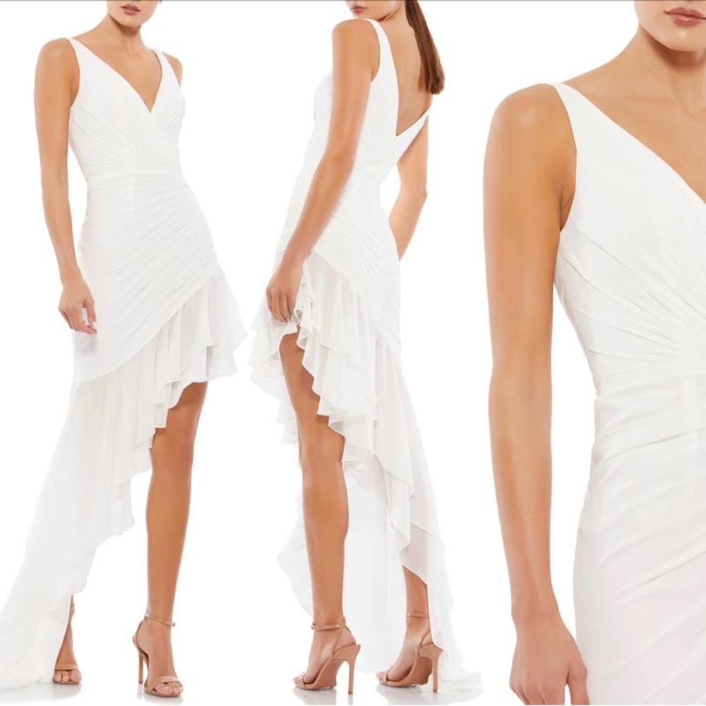 Mac Duggal Ruffle Asymmetric Waterfall White Dress 0 Ruched Sheath 49487